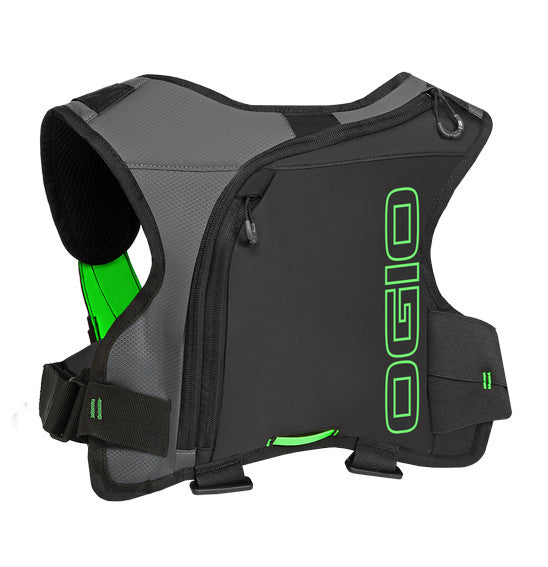 The Ogio ERZBERG 1L Hydration Bag in Black features a black ergonomic backpack harness with a multi-adjust harness system, padded shoulder straps, reflective gray strips, and adjustable black buckles. The back panel is constructed from breathable mesh material, and the front displays a green circular logo.