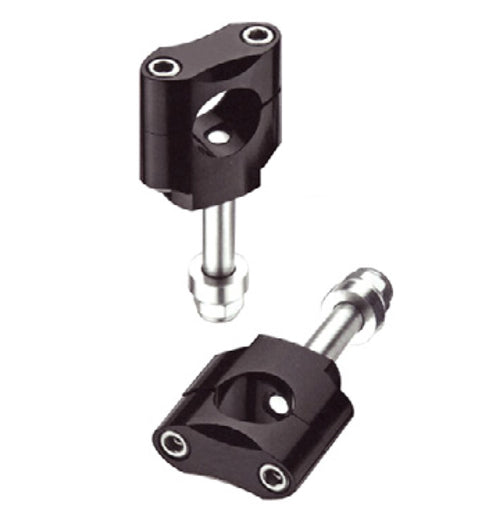 The X-TECH Handlebar Clamp - MXC-1 by X-TECH consists of two black metal components with cylindrical extensions and multiple screw holes. Featuring a tapered base, these machined finish parts are likely used in mechanical or industrial applications for fixing or mounting. The pieces are depicted in different orientations.