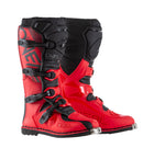 The O'Neal ELEMENT Boot - Red by ONEAL is a red and black motocross boot featuring multiple buckles along the side for secure fastening. The boot prominently displays the "ONEAL" brand on the side and front buckle strap, and includes a Snap-Lock adjustable four buckle closure system, metal toe guard, and durable Goodyear welt sole for added protection.