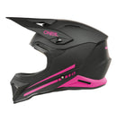 The O'Neal 2025 Youth 1SRS SOLID Helmet in Black/Pink is a matte black full-face helmet adorned with pink accents and the "ONEAL" branding on the side. Its polycarbonate/ABS shell features angular design elements and ventilation openings, while an adjustable visor enhances comfort and versatility.