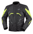 The RJAYS VOYAGER 6 Jacket Blk/Hi Viz - WP Touring by Rjays is a black motorcycle jacket with bright yellow accents on the shoulders and upper arms, featuring CE armour for safety. It boasts multiple zippered pockets, a high collar for added protection, adjustable straps on the sleeves, and a waterproof breathable membrane to keep you dry.
