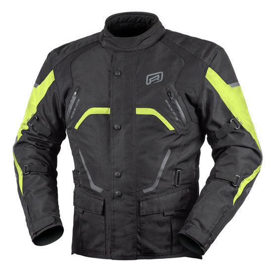 The RJAYS VOYAGER 6 Jacket Blk/Hi Viz - WP Touring by Rjays is a black motorcycle jacket with bright yellow accents on the shoulders and upper arms, featuring CE armour for safety. It boasts multiple zippered pockets, a high collar for added protection, adjustable straps on the sleeves, and a waterproof breathable membrane to keep you dry.