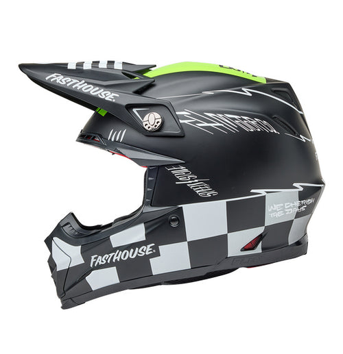 Introducing the Bell MOTO-9S FLEX FH SMKBMB Matte/Gloss Hiviz Yellow helmet, a safety-focused motocross helmet designed with a black, white, and green color scheme. This BELL helmet features Fasthouse branding and boasts eye-catching checkerboard patterns on the lower section. The design includes a visor and the reliable FINTEC locking system, making it ideal for off-road racing enthusiasts.