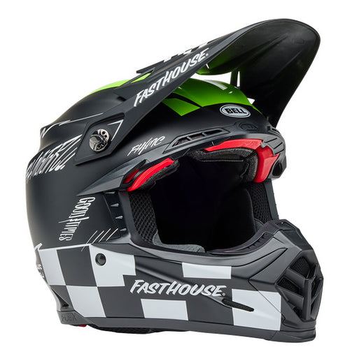 Introducing the Bell MOTO-9S FLEX FH SMKBMB Matte/Gloss Hiviz Yellow helmet, a safety-focused motocross helmet designed with a black, white, and green color scheme. This BELL helmet features Fasthouse branding and boasts eye-catching checkerboard patterns on the lower section. The design includes a visor and the reliable FINTEC locking system, making it ideal for off-road racing enthusiasts.
