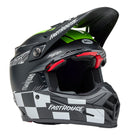Introducing the Bell MOTO-9S FLEX FH SMKBMB Matte/Gloss Hiviz Yellow helmet, a safety-focused motocross helmet designed with a black, white, and green color scheme. This BELL helmet features Fasthouse branding and boasts eye-catching checkerboard patterns on the lower section. The design includes a visor and the reliable FINTEC locking system, making it ideal for off-road racing enthusiasts.