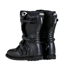 The O'Neal Youth RIDER Boot - Black features multiple adjustable buckles and boasts a prominent "O" logo on the front. These protective boots come equipped with reinforced toe caps, metal shank support, and rugged soles designed for off-road biking. Injection-molded plastic plates enhance durability and safety.