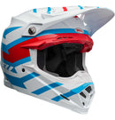 The Bell MOTO-9S FLEX Banshee Gloss White/Red is a safety-focused, full-face motocross helmet adorned with a striking blue, red, and white geometric design. It features a visor, multiple ventilation openings, and the brand name "BELL" in blue on the side. The interior padding is visible around the face opening, making it perfect for off-road racing.