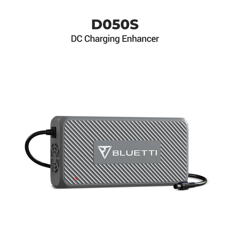 Image of a BLUETTI D050S DC Charging Enhancer for AC200Max/B230/B300, a compact rectangular device with a textured surface. The front displays the BLUETTI logo, and it has a cable attached on the left side. This enhancer is ideal for solar charging and can boost capacity when used with the BLUETTI AC200Max.