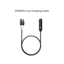 BLUETTI's 12V/24V Car Charging Cable for the EP500Pro is showcased on a pristine white background, featuring an elegant black design. It includes a car adapter on one end and a two-pin connector on the other, making it ideal for any cigarette lighter port.