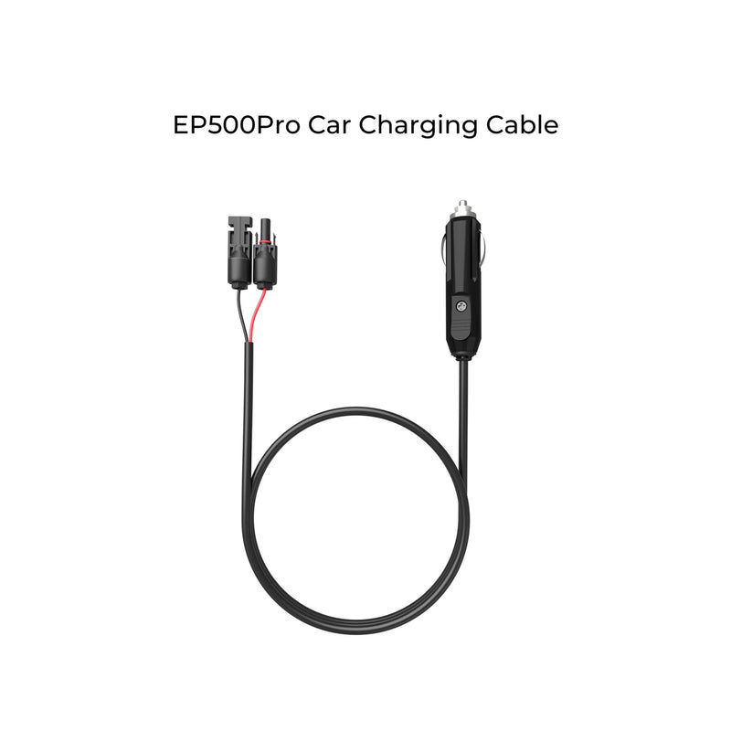 BLUETTI's 12V/24V Car Charging Cable for the EP500Pro is showcased on a pristine white background, featuring an elegant black design. It includes a car adapter on one end and a two-pin connector on the other, making it ideal for any cigarette lighter port.