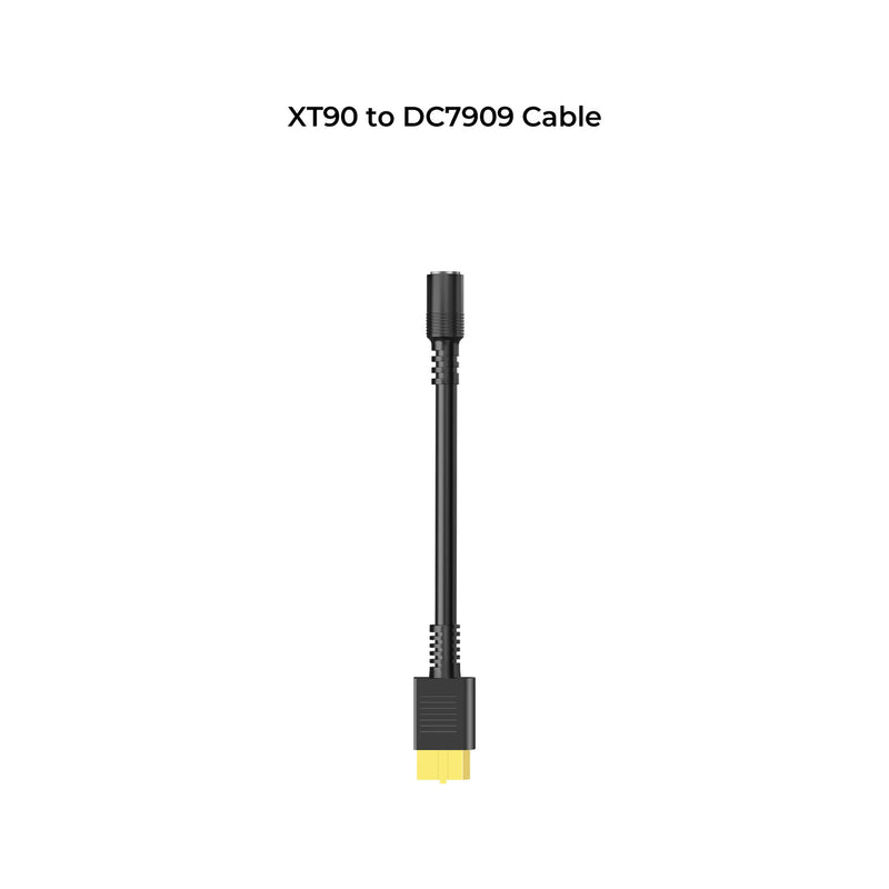 Image of a BLUETTI XT90 to DC7909 adapter cable for the AC200MAX. The cable is displayed vertically, featuring a black cylindrical connector on one end and a distinctive black and yellow XT90 connector on the other, making it ideal for BLUETTI T500 dual-adapter charging. The text above reads "BLUETTI XT90 to DC7909 Adapter Cable for AC200MAX.