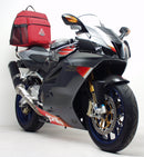 Image of Ventura EVO-12 Bike-Pack Kit for Aprilia RSV 1000R (04-08), showing the Adjustable Pack-Rack mounted on a bike, EVO-12 pack, and L-Bracket with hardware. All items are clearly labeled for easy identification.
