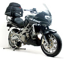 Ventura EVO-12 Bike-Pack Kit for Aprilia Shiver GT 750 (09-11), featuring a black storage pack, metal bike rack, and black metal bracket handles with screws, shown in a generic image.