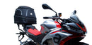 The image shows the EVO-12 Bike-Pack Kit by Ventura for Aprilia Tuono 660, RS660 (21 ->). It includes a black expandable bike pack, an Evo-Rack with Pannier Support, and a generic L-bracket and hardware. Each component is labeled: EVO-12 Pack, Adjustable Pack-Rack, and L-Bracket.