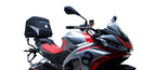The image shows the EVO-12 Bike-Pack Kit by Ventura for Aprilia Tuono 660, RS660 (21 ->). It includes a black expandable bike pack, an Evo-Rack with Pannier Support, and a generic L-bracket and hardware. Each component is labeled: EVO-12 Pack, Adjustable Pack-Rack, and L-Bracket.