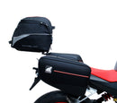 The image shows the EVO-12 Bike-Pack Kit by Ventura for Aprilia Tuono 660, RS660 (21 ->). It includes a black expandable bike pack, an Evo-Rack with Pannier Support, and a generic L-bracket and hardware. Each component is labeled: EVO-12 Pack, Adjustable Pack-Rack, and L-Bracket.