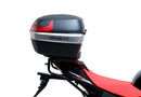 The image of the EVO-12 Bike-Pack Kit reveals three stylish components for the Aprilia Tuono V4 Factory (21 ->): a black pack with red accents, an EVO-Rack metal rack perfect for top-boxes, and versatile L-Brackets with screws. They’re ideal for customizing your adjustable Ventura pack-rack setup.