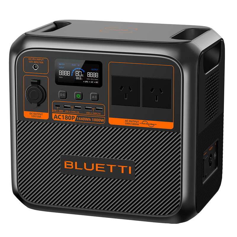 The BLUETTI AC180P Home & Portable Power Station features a stylish black and orange design with a digital display, dual AC outlets, and rapid charging capabilities. It has an impressive 1440Wh capacity and delivers an 1800W power output, with the BLUETTI brand name proudly displayed on the front.