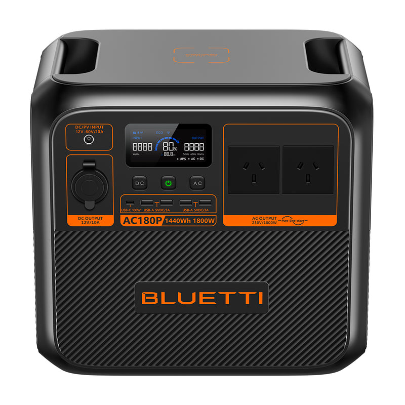 The BLUETTI AC180P Home & Portable Power Station features a stylish black and orange design with a digital display, dual AC outlets, and rapid charging capabilities. It has an impressive 1440Wh capacity and delivers an 1800W power output, with the BLUETTI brand name proudly displayed on the front.