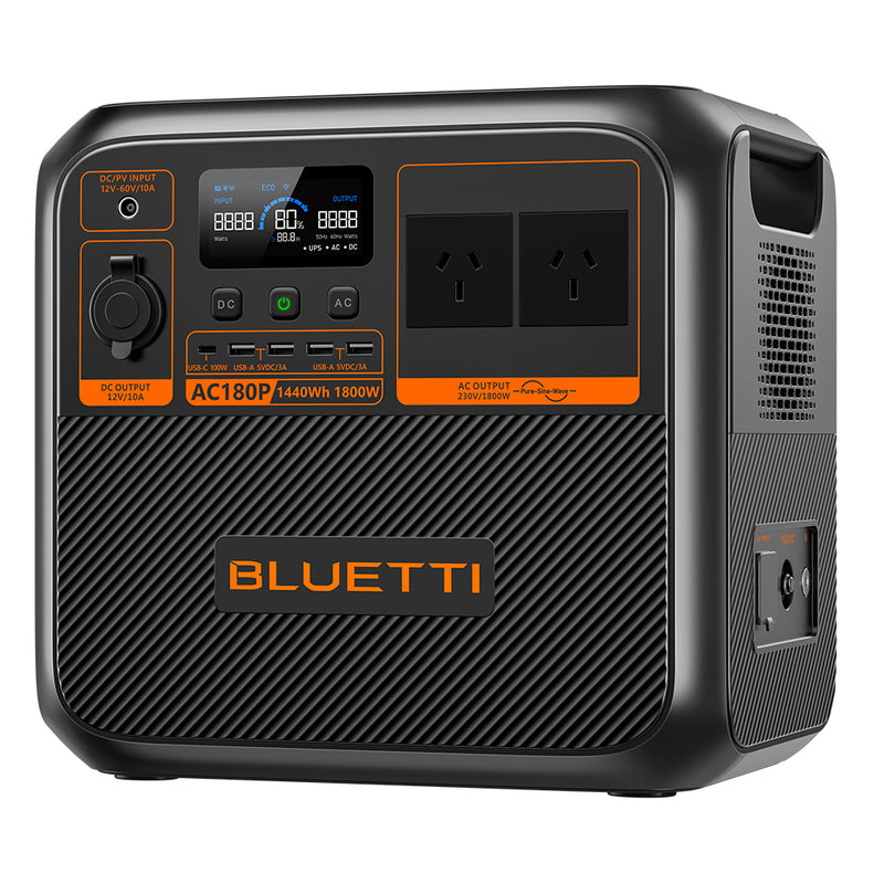 The BLUETTI AC180P Home & Portable Power Station features a stylish black and orange design with a digital display, dual AC outlets, and rapid charging capabilities. It has an impressive 1440Wh capacity and delivers an 1800W power output, with the BLUETTI brand name proudly displayed on the front.