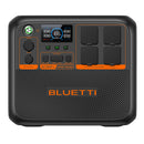 The BLUETTI AC200PL PORTABLE POWER STATION | 2400W 2304WH in black and orange comes equipped with Turbo Charging, a control panel featuring multiple buttons, LED indicators, and display screens. It offers various DC and AC output outlets and ports, with the Bluetti logo prominently displayed at the bottom.