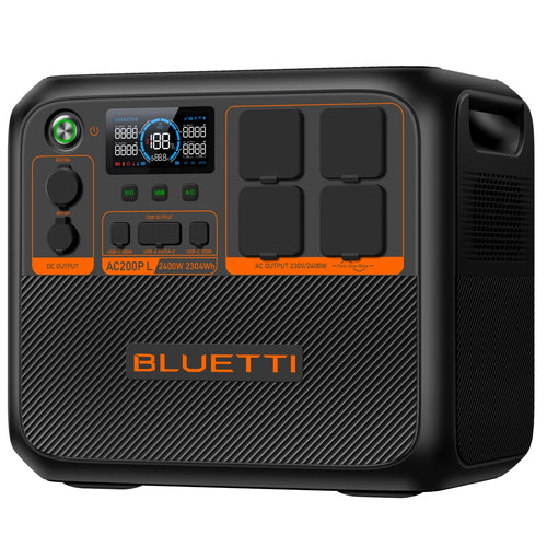 The BLUETTI AC200PL PORTABLE POWER STATION | 2400W 2304WH in black and orange comes equipped with Turbo Charging, a control panel featuring multiple buttons, LED indicators, and display screens. It offers various DC and AC output outlets and ports, with the Bluetti logo prominently displayed at the bottom.