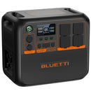 The BLUETTI AC200PL PORTABLE POWER STATION | 2400W 2304WH in black and orange comes equipped with Turbo Charging, a control panel featuring multiple buttons, LED indicators, and display screens. It offers various DC and AC output outlets and ports, with the Bluetti logo prominently displayed at the bottom.