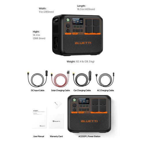 The BLUETTI AC200PL PORTABLE POWER STATION | 2400W 2304WH in black and orange comes equipped with Turbo Charging, a control panel featuring multiple buttons, LED indicators, and display screens. It offers various DC and AC output outlets and ports, with the Bluetti logo prominently displayed at the bottom.