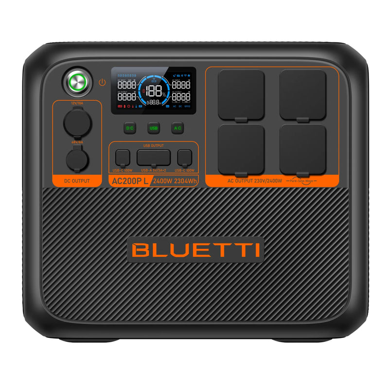 The BLUETTI AC200PL PORTABLE POWER STATION | 2400W 2304WH in black and orange comes equipped with Turbo Charging, a control panel featuring multiple buttons, LED indicators, and display screens. It offers various DC and AC output outlets and ports, with the Bluetti logo prominently displayed at the bottom.