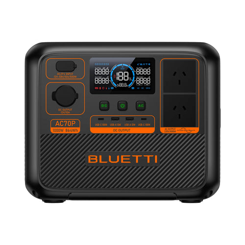 The BLUETTI AC70P Portable Power Station, offering 1000W and 864Wh capacity, is an excellent choice for outdoor energy needs. It boasts a digital display that indicates battery percentage and available output options. Equipped with both AC and DC outputs, multiple charging ports, and a practical top handle, it is perfect for powering high-powered appliances wherever you go.