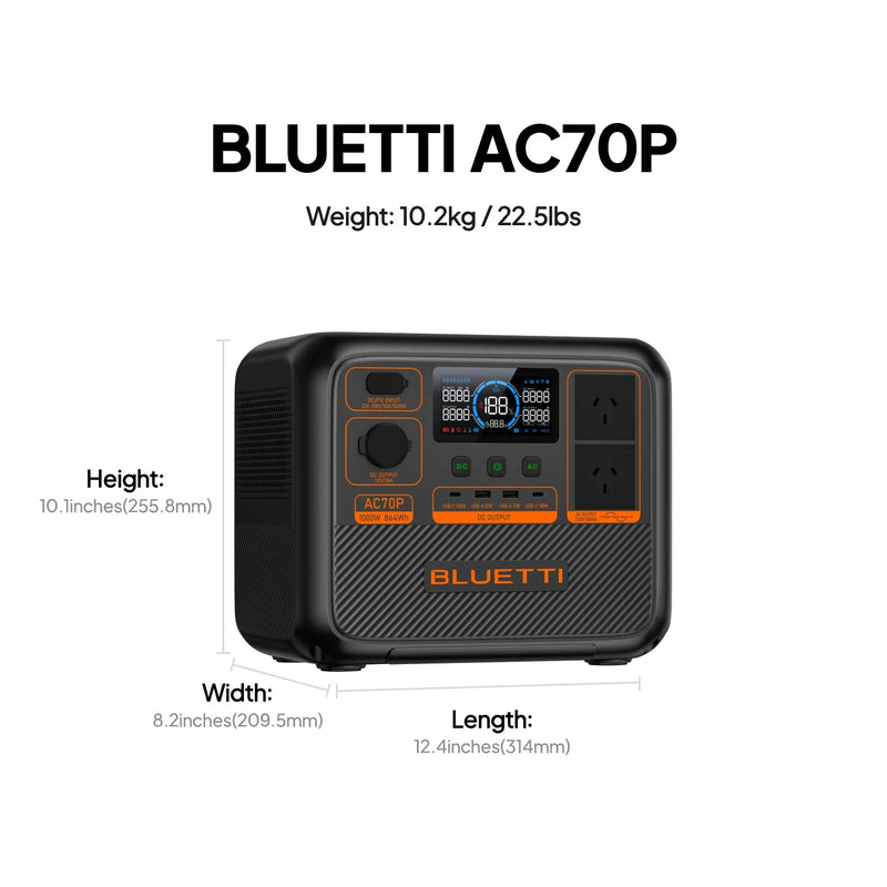 The BLUETTI AC70P Portable Power Station, offering 1000W and 864Wh capacity, is an excellent choice for outdoor energy needs. It boasts a digital display that indicates battery percentage and available output options. Equipped with both AC and DC outputs, multiple charging ports, and a practical top handle, it is perfect for powering high-powered appliances wherever you go.