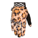The FIST O.G. ANIMAL GLOVE features a leopard print design with "FIST" in white on the fingers, plus a black and white zebra-patterned wrist and a small FIST tag—ideal motocross gloves for riders who want standout style.