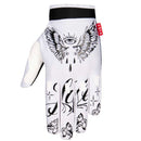 The FIST ANTHONY JEAN FLYING GLOVE is a white motocross glove with black tattoo-style art—an eye with wings and teardrops on the back, detailed finger designs, and a red "FIST" tag by the wrist.