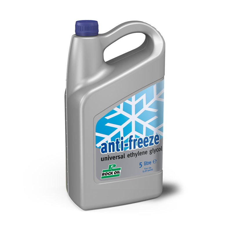 A gray 5-liter bottle of ROCK OIL COOLANT / ANTIFREEZE UNIVERSAL ETHYLENE GLYCOL. The bottle features a blue cap and a large handle at the top. The label displays a white snowflake graphic with "anti-freeze" and "universal ethylene glycol" written in blue, making it ideal for heavy-duty engines and providing corrosion protection.