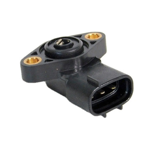 A detailed image of the ANGLE SENSOR ASSEMBLY OEM FITMENT HONDA, part number 38810-HR4-A91 from OEM HONDA PARTS, showcases its black plastic casing. This sensor, designed for Honda vehicles, has a rectangular connector with metal prongs and two bolt holes for mounting, all encircled by three golden circular rings.