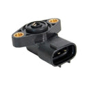 A detailed image of the ANGLE SENSOR ASSEMBLY OEM FITMENT HONDA, part number 38810-HR4-A91 from OEM HONDA PARTS, showcases its black plastic casing. This sensor, designed for Honda vehicles, has a rectangular connector with metal prongs and two bolt holes for mounting, all encircled by three golden circular rings.