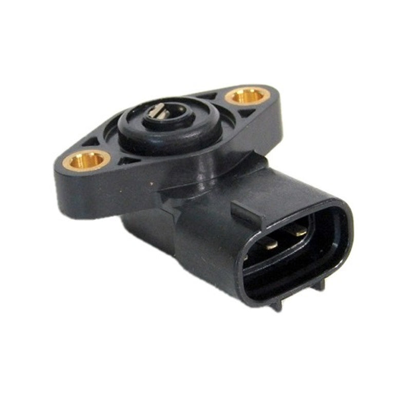 A detailed image of the ANGLE SENSOR ASSEMBLY OEM FITMENT HONDA, part number 38810-HR4-A91 from OEM HONDA PARTS, showcases its black plastic casing. This sensor, designed for Honda vehicles, has a rectangular connector with metal prongs and two bolt holes for mounting, all encircled by three golden circular rings.