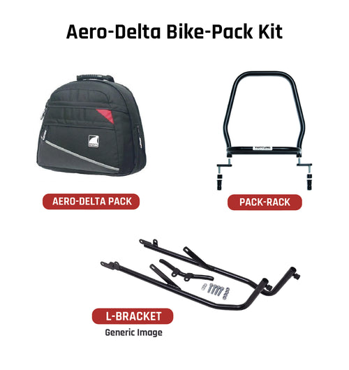 The Ventura EVO-12 Bike-Pack Kit for the Honda CBR 1100 XX Blackbird (97-07) includes a stylish black pack with red trim, an Adjustable Pack-Rack for flexible bike mounting, and an L-bracket set with screws depicted in a generic image.