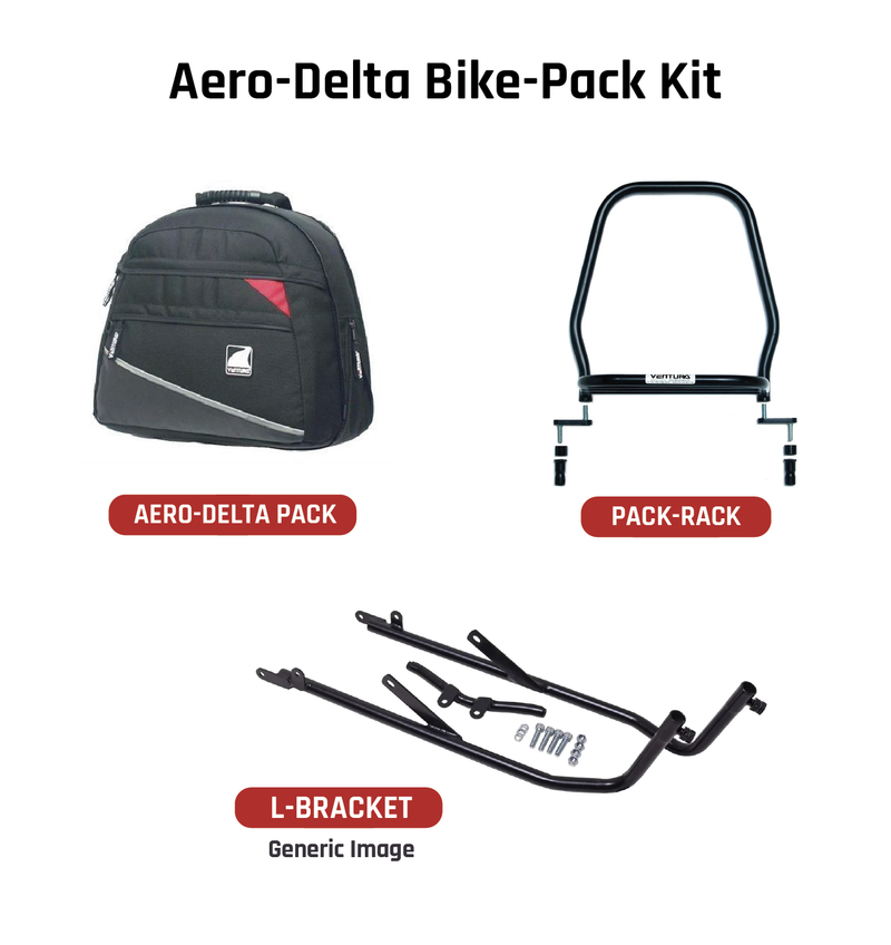 The Ventura EVO-12 Bike-Pack Kit for the Honda CBR 1100 XX Blackbird (97-07) includes a stylish black pack with red trim, an Adjustable Pack-Rack for flexible bike mounting, and an L-bracket set with screws depicted in a generic image.