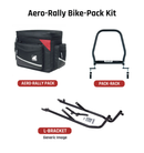 The image showcases a Venture EVO-12 Bike-Pack Kit with an Adjustable Pack-Rack and black pack, highlighted by an orange stripe, on a Honda VF 1000 FE, FD. The EVO-Rack is mounted on the motorcycle. The L-Bracket comes with screws and each piece labeled in striking red text.