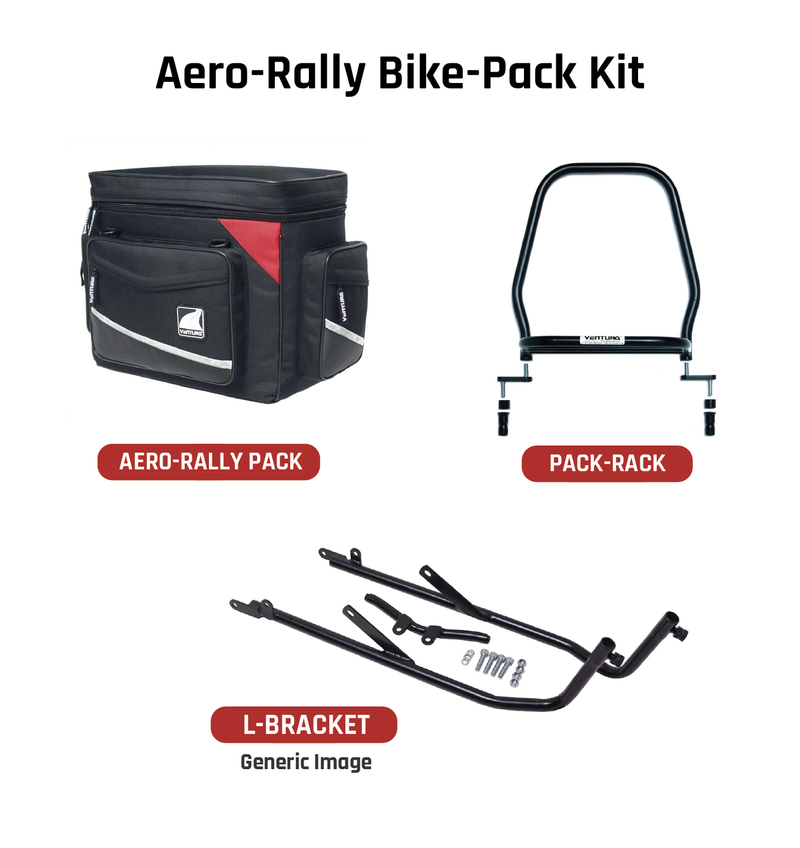 Ventura EVO-12 Bike-Pack Kit for Triumph Street Triple 660, S (17–>), includes a black bike-pack, Evo-Rack bike rack on the bike, plus L-brackets with screws; each labeled beneath the image.