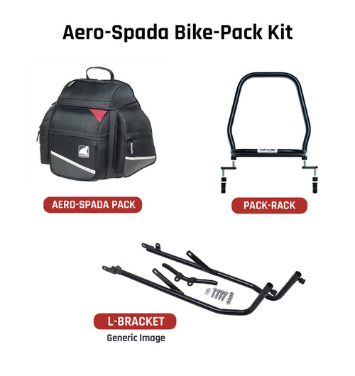 The image showcases a Venture EVO-12 Bike-Pack Kit with an Adjustable Pack-Rack and black pack, highlighted by an orange stripe, on a Honda VF 1000 FE, FD. The EVO-Rack is mounted on the motorcycle. The L-Bracket comes with screws and each piece labeled in striking red text.