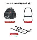 The EVO-12 Bike-Pack Kit image includes a black bike pack labeled 'EVO-12 PACK', an 'EVO-RACK' sport-rack on a Honda CBR 600 FX-03 by Ventura, and metal brackets with screws labeled 'L-BRACKET Generic Image'.