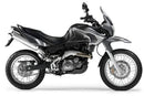 Image of the Aprilia Pegaso Strada 650 Trail (05-07) by Ventura, featuring a sleek black EVO-12 Bike-Pack Kit with an orange stripe, an Adjustable Pack-Rack on a bike, and L-Brackets with screws for mounting.