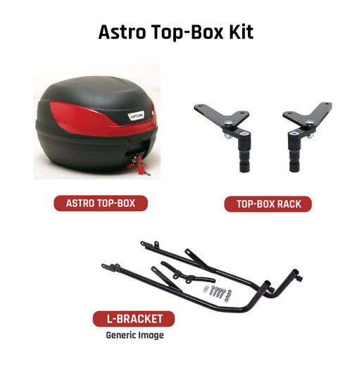 The image showcases a Venture EVO-12 Bike-Pack Kit with an Adjustable Pack-Rack and black pack, highlighted by an orange stripe, on a Honda VF 1000 FE, FD. The EVO-Rack is mounted on the motorcycle. The L-Bracket comes with screws and each piece labeled in striking red text.