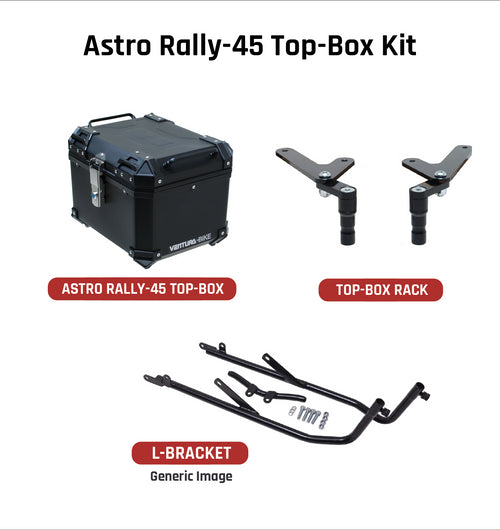 The Ventura EVO-12 Bike-Pack Kit for the Honda CBR 1100 XX Blackbird (97-07) includes a stylish black pack with red trim, an Adjustable Pack-Rack for flexible bike mounting, and an L-bracket set with screws depicted in a generic image.