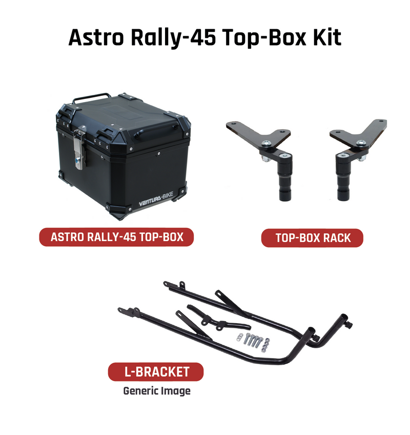 The Ventura EVO-12 Bike-Pack Kit for the Honda CBR 1100 XX Blackbird (97-07) includes a stylish black pack with red trim, an Adjustable Pack-Rack for flexible bike mounting, and an L-bracket set with screws depicted in a generic image.