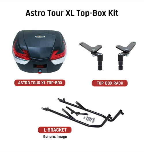 The Ventura EVO-12 Bike-Pack Kit for the Honda CBR 1100 XX Blackbird (97-07) includes a stylish black pack with red trim, an Adjustable Pack-Rack for flexible bike mounting, and an L-bracket set with screws depicted in a generic image.