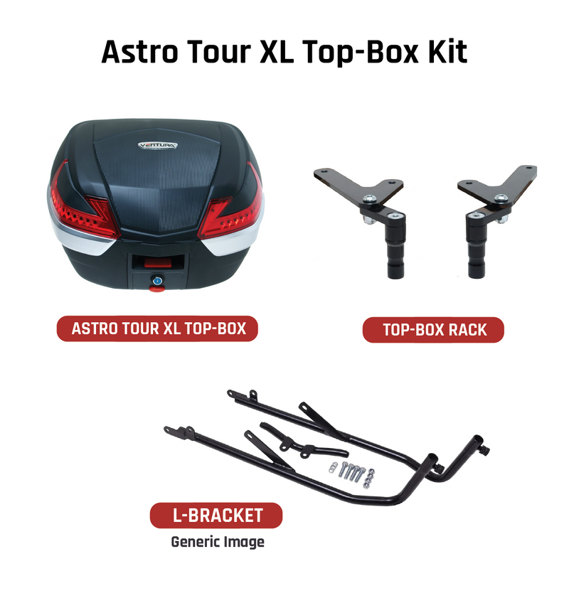 The Ventura EVO-12 Bike-Pack Kit for the Honda CBR 1100 XX Blackbird (97-07) includes a stylish black pack with red trim, an Adjustable Pack-Rack for flexible bike mounting, and an L-bracket set with screws depicted in a generic image.
