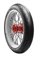 A black motorcycle tire with metal spokes and a shiny red hub is displayed against a black background. The tire is labeled "Avon Spirit ST" by Avon Tyres.